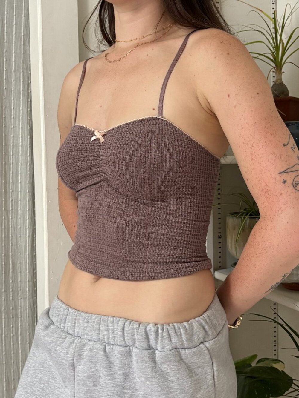 Out From Under Lace-Trim Waffle Tank Top - M